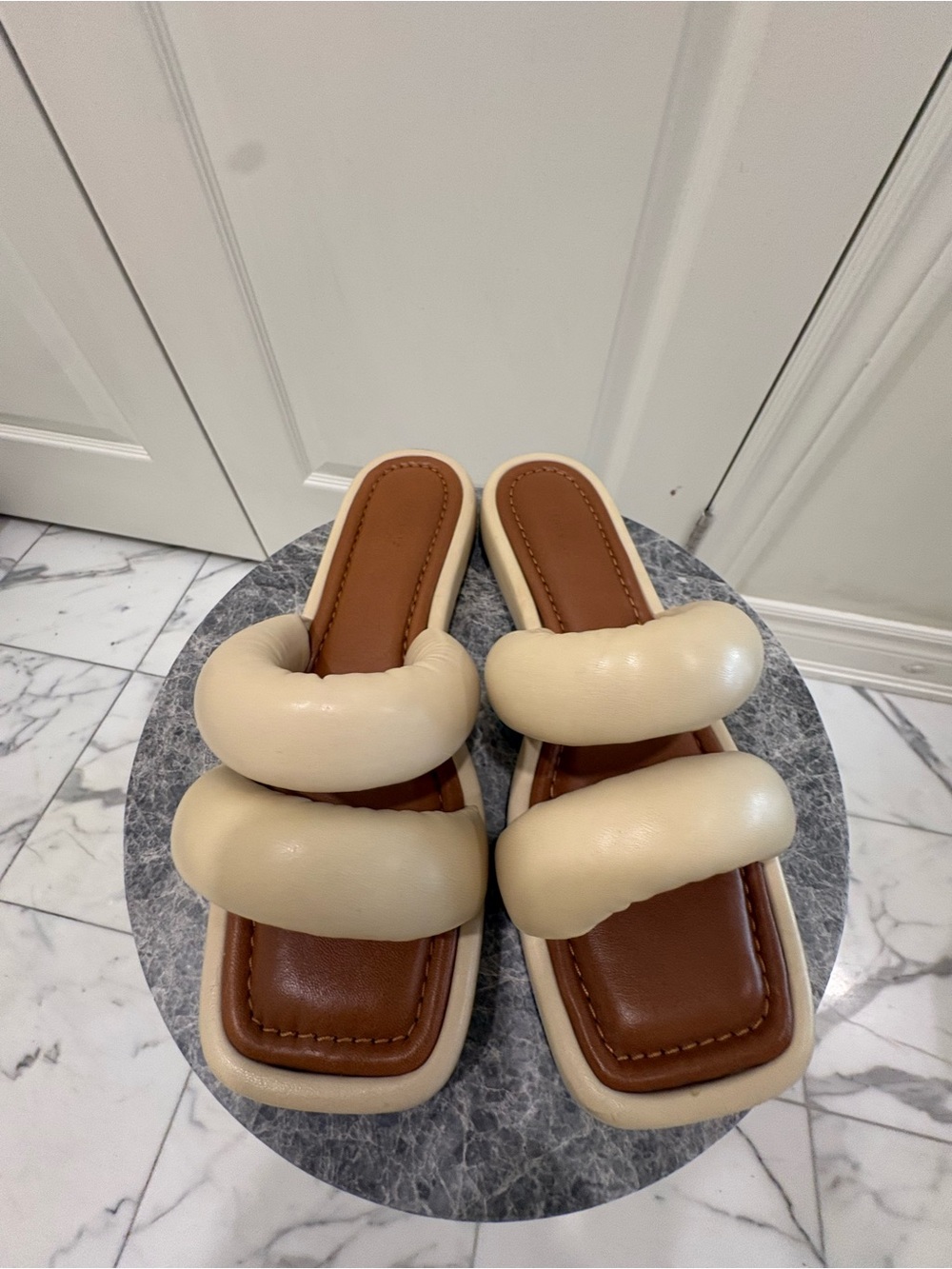 Cream Padded Double-Strap Slide Sandals for Women